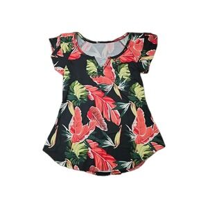 Womens SMALL, Short Sleeve Casual  V Neck Tropical Forest Print Tee Shirt